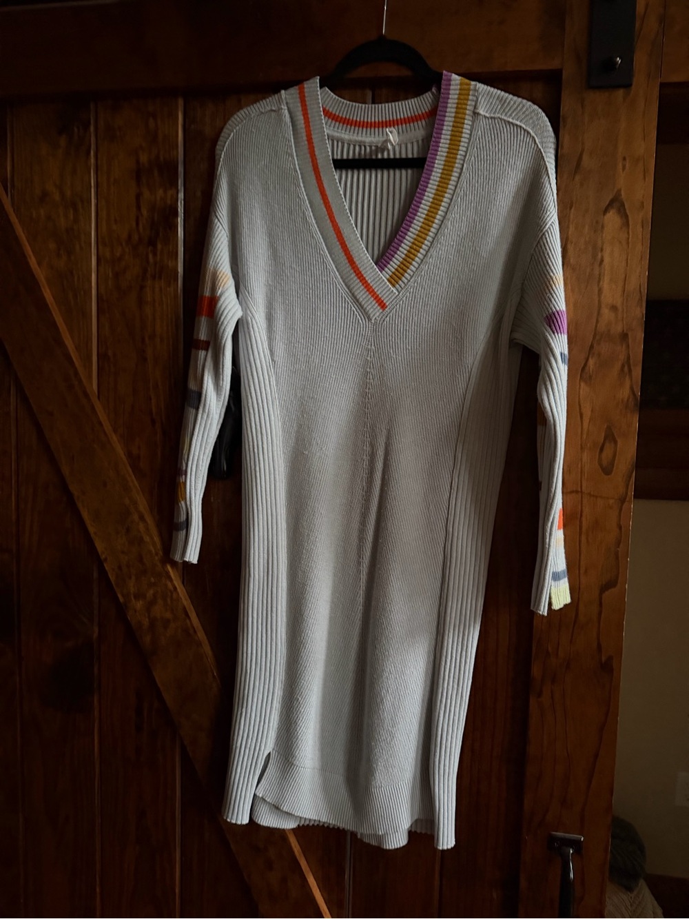 V-Neck Ribbed Knit Dress with Multicolor Stripe Trim - Cream